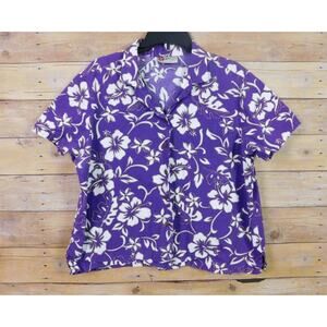 Hilo Hattie Women Shirt XL Purple White Hibiscus Flowers Hawaiian